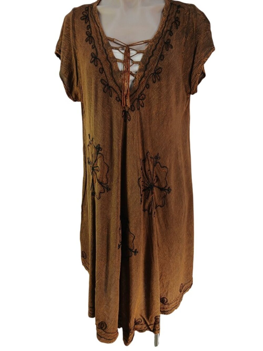 Riviera Sun Womens Plus Size Brown Embroidered Tunic Dress Size 2X Lace Up Boho